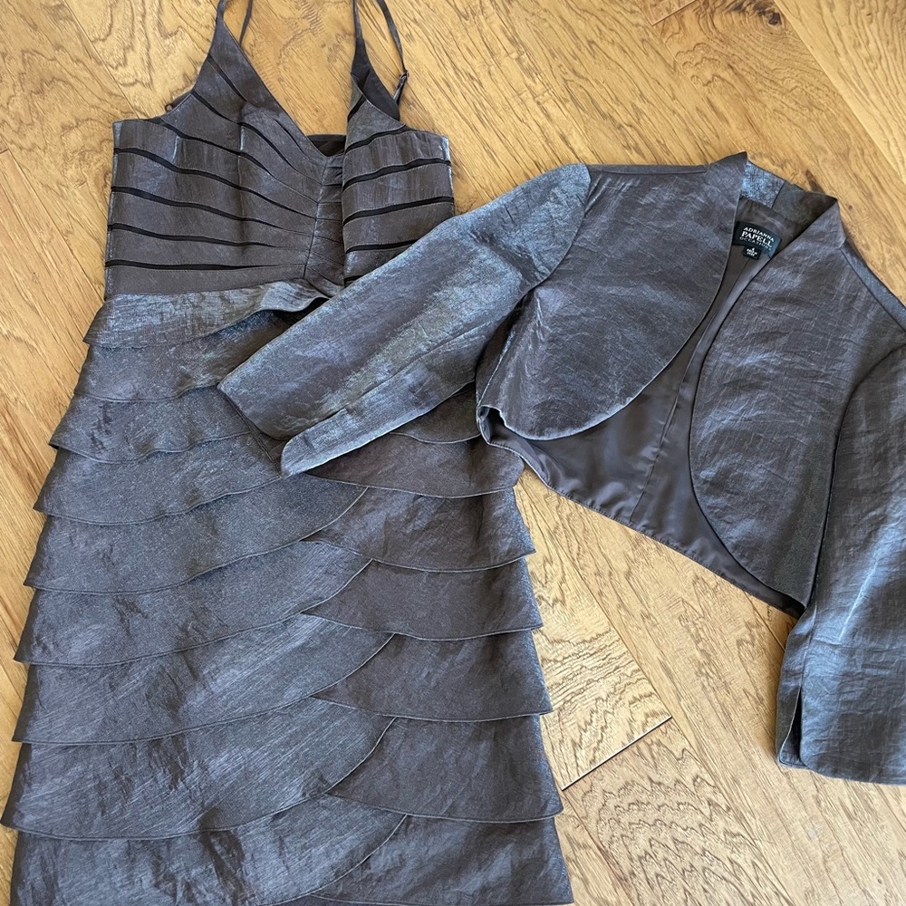Adrianna Papell Iridescent Mocha Brown Layered Midi Dress with Cropped Jacket 4